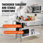 VEVOR Stainless Steel Work Prep Table Commercial Worktable Food Prep 61x122x86 cm