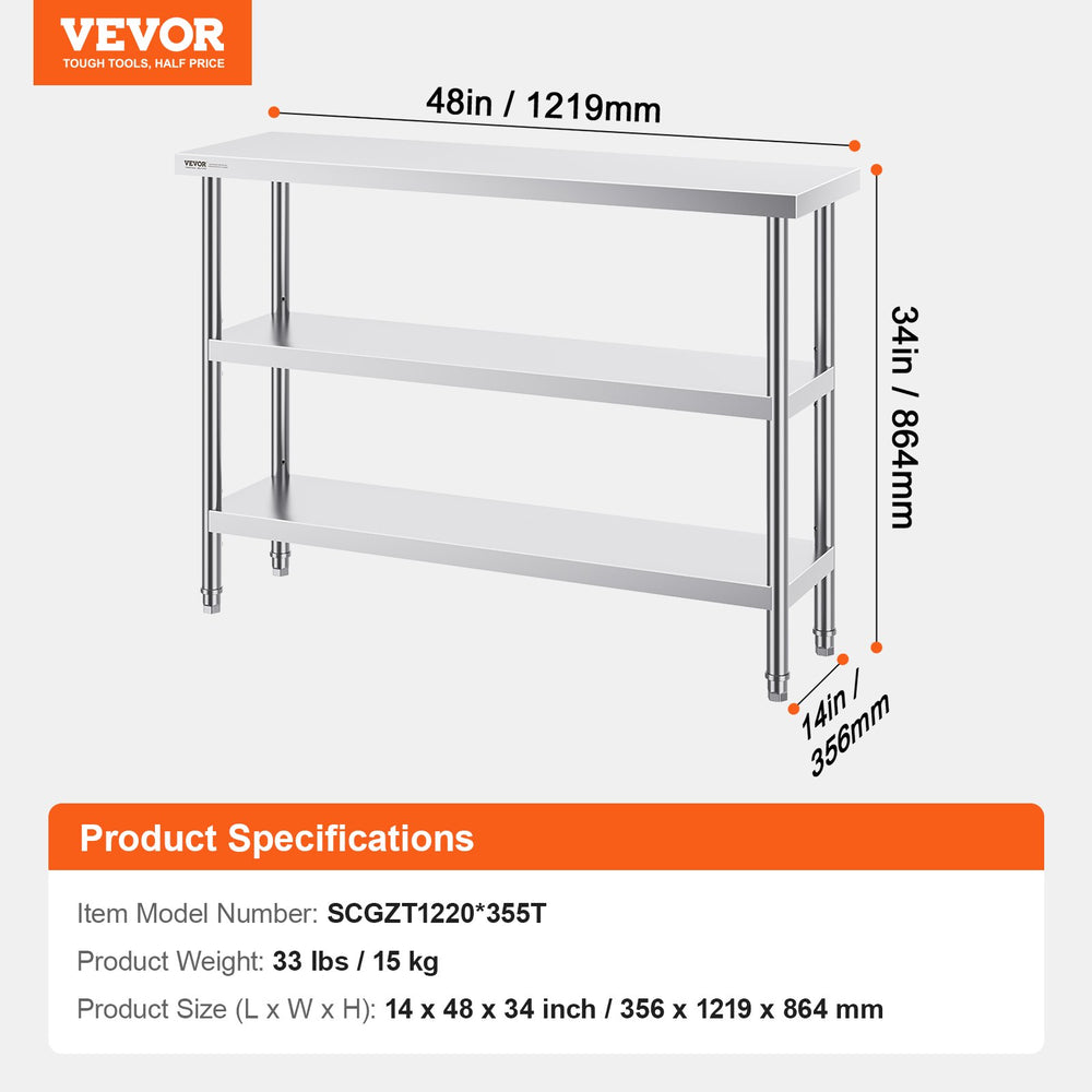 VEVOR Stainless Steel Food Prep Table Commercial Kitchen Work Table 35.6x121.9 cm