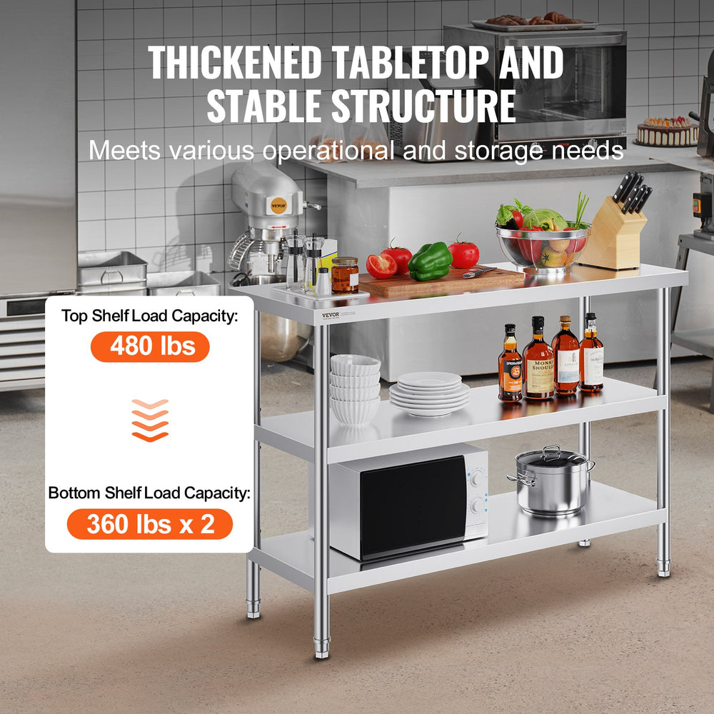 VEVOR Stainless Steel Food Prep Table Commercial Kitchen Work Table 45.7x121.9 cm