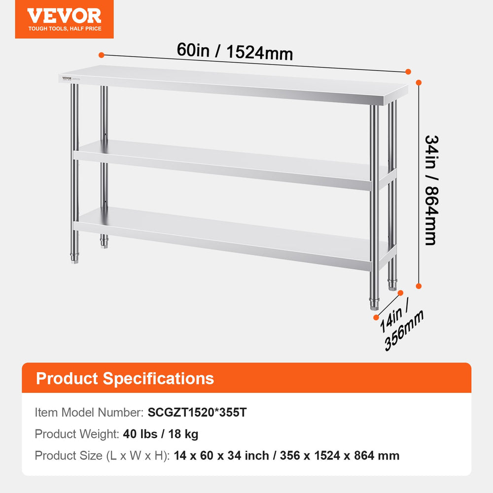 VEVOR Stainless Steel Food Prep Table Commercial Kitchen Work Table 35.6x152.4 cm