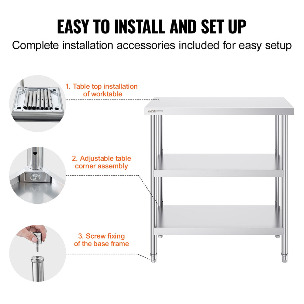 VEVOR Stainless Steel Food Prep Table Commercial Kitchen Work Table 45.7x91.4 cm