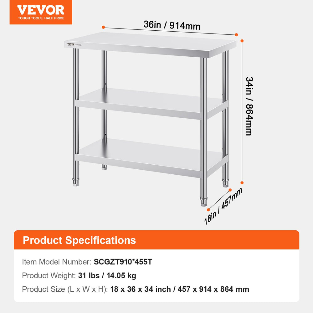 VEVOR Stainless Steel Food Prep Table Commercial Kitchen Work Table 45.7x91.4 cm