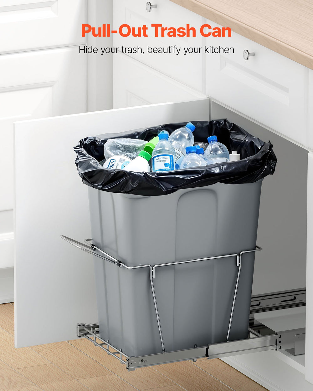 VEVOR Pullout Trash Can for Kitchen Cabinets, Garbage Waste Recycling Bin, Under Mount Waste Container, with Heavy Duty Metal Full Extension Sliding System and Handle, for Sink, Under Counter