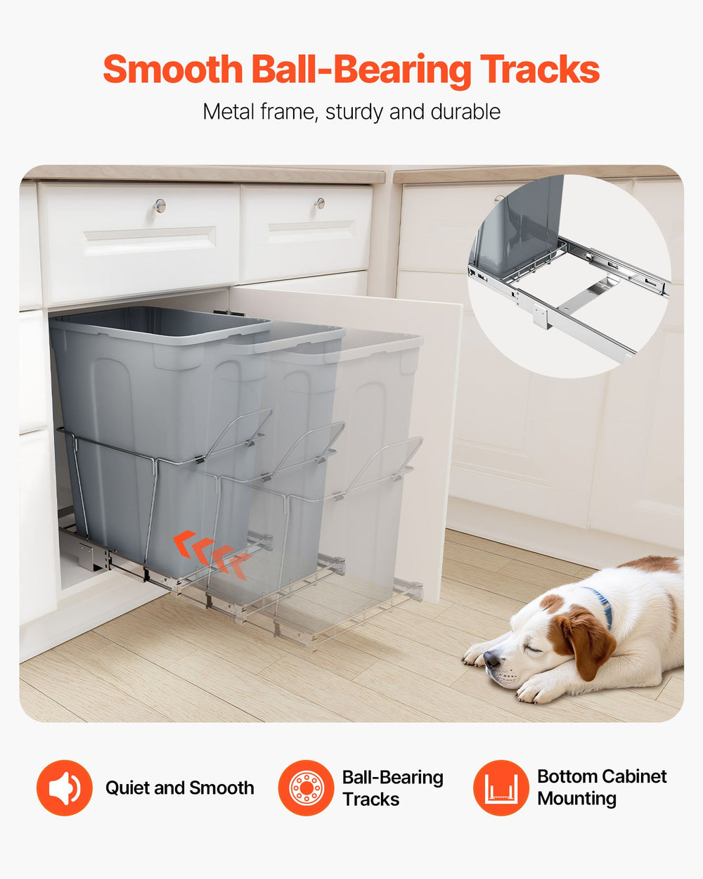 VEVOR Pullout Trash Can for Kitchen Cabinets, Garbage Waste Recycling Bin, Under Mount Waste Container, with Heavy Duty Metal Full Extension Sliding System and Handle, for Sink, Under Counter