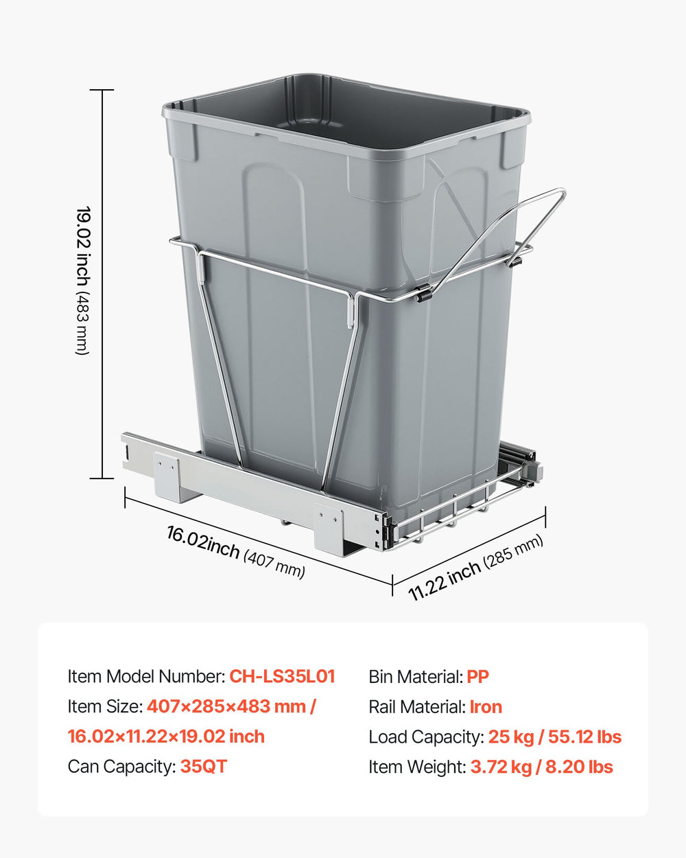 VEVOR Pullout Trash Can for Kitchen Cabinets, Garbage Waste Recycling Bin, Under Mount Waste Container, with Heavy Duty Metal Full Extension Sliding System and Handle, for Sink, Under Counter