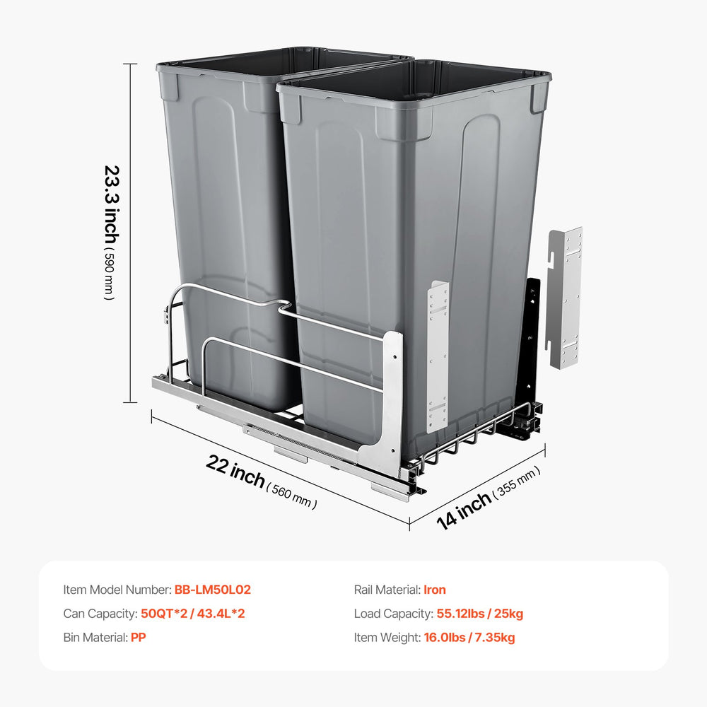 VEVOR Pull-Out Trash Can, 50 QT x2 Double Under Mount Kitchen Waste Container, Heavy Duty Garbage Recycling Bin with Door Kit and Soft Close Slide, for Kitchen Cabinet, Sink, Under Counter (Grey)