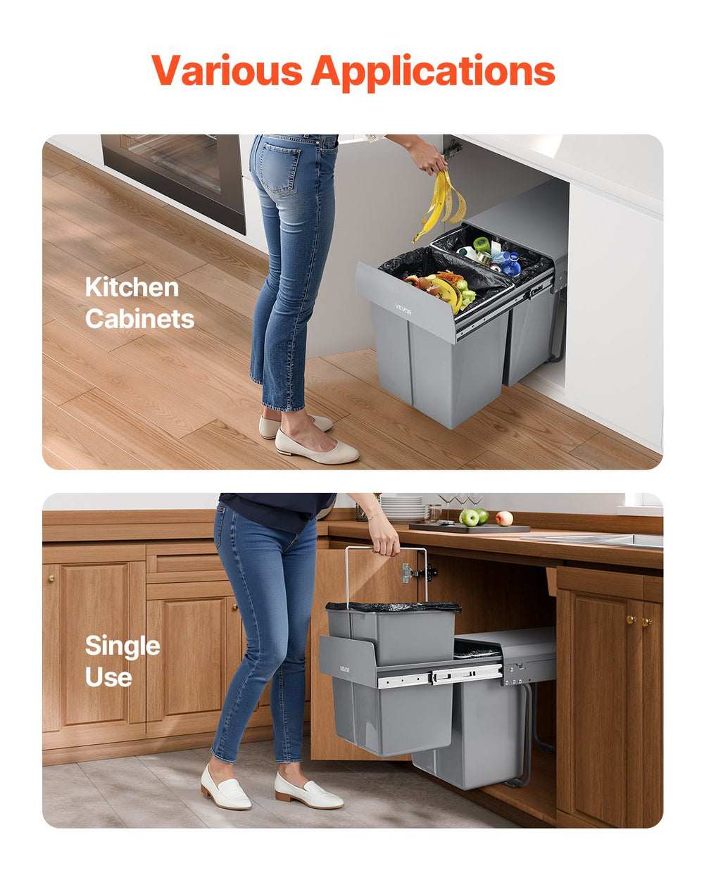 VEVOR Pullout Trash Can for Kitchen Cabinets, 20Lx2 Double Under Sink Garbage Waste Recycling Bin, Under Mount Waste Container, with Heavy Duty Metal Full Extension Sliding System and Handle