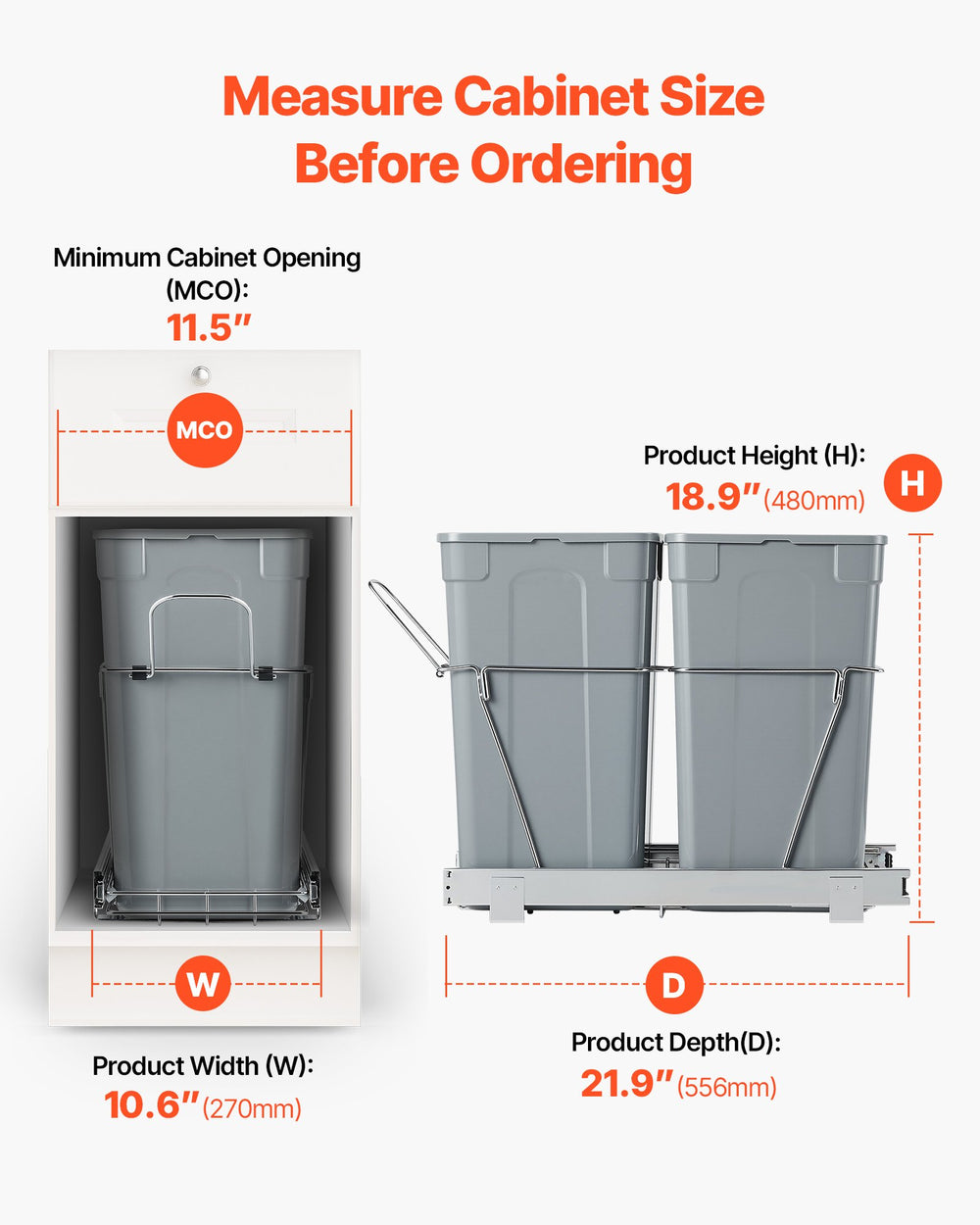 VEVOR Pullout Trash Can for Kitchen Cabinets,Double Under Sink Garbage Waste Recycling Bin, Under Mount Waste Container, with Heavy Duty Metal Full Extension Sliding System and Handle