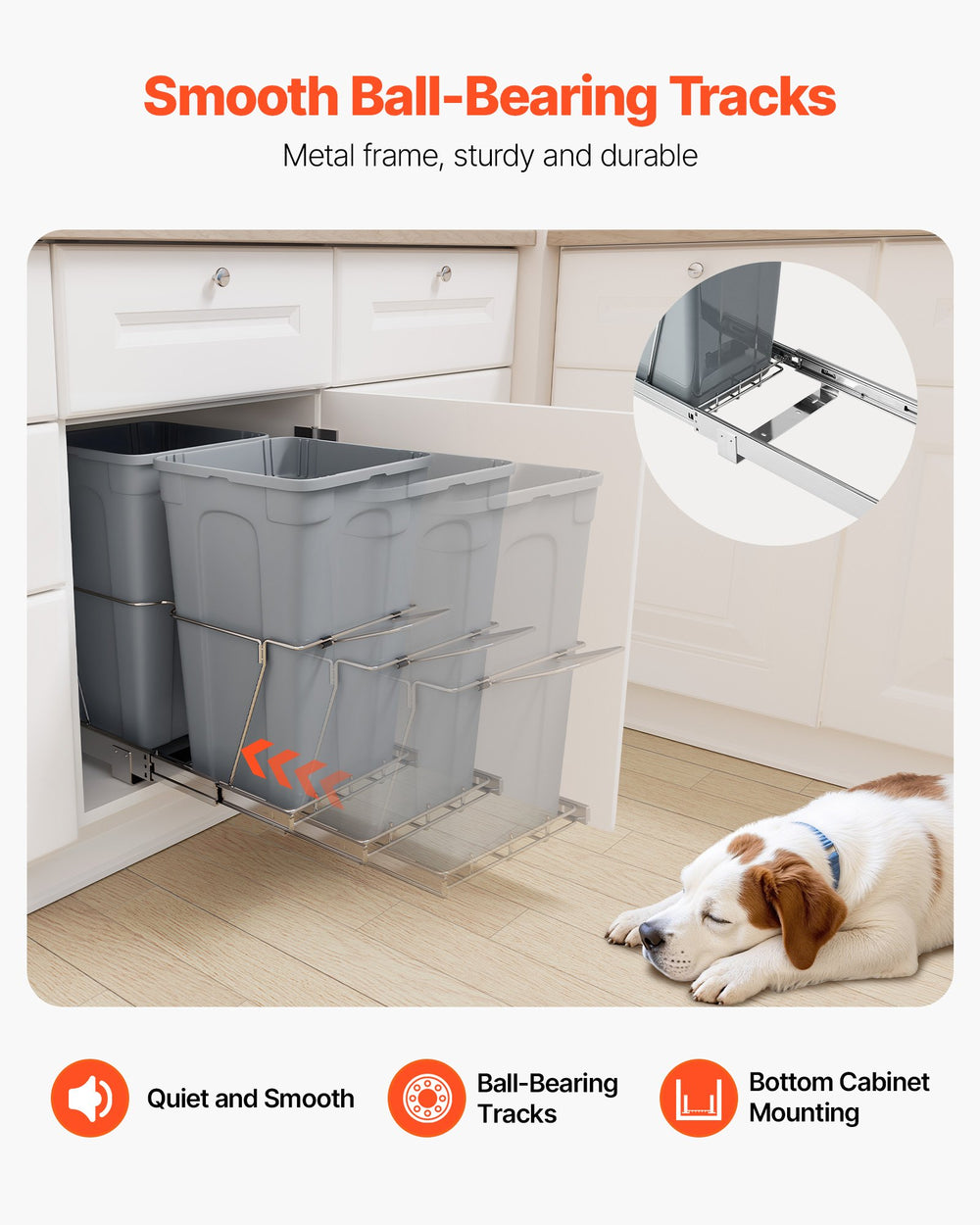 VEVOR Pullout Trash Can for Kitchen Cabinets,Double Under Sink Garbage Waste Recycling Bin, Under Mount Waste Container, with Heavy Duty Metal Full Extension Sliding System and Handle