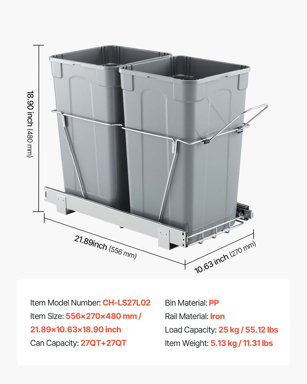 VEVOR Pullout Trash Can for Kitchen Cabinets,Double Under Sink Garbage Waste Recycling Bin, Under Mount Waste Container, with Heavy Duty Metal Full Extension Sliding System and Handle