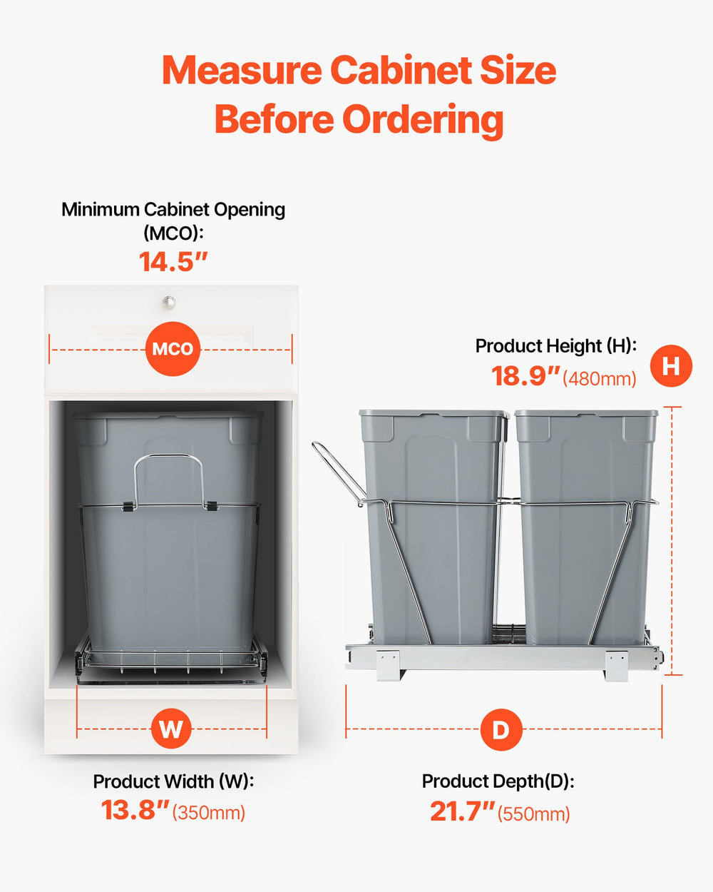 VEVOR Pullout Trash Can for Kitchen Cabinets, Double Under Sink Garbage Waste Recycling Bin, Under Mount Waste Container, with Heavy Duty Metal Full Extension Sliding System and Handle