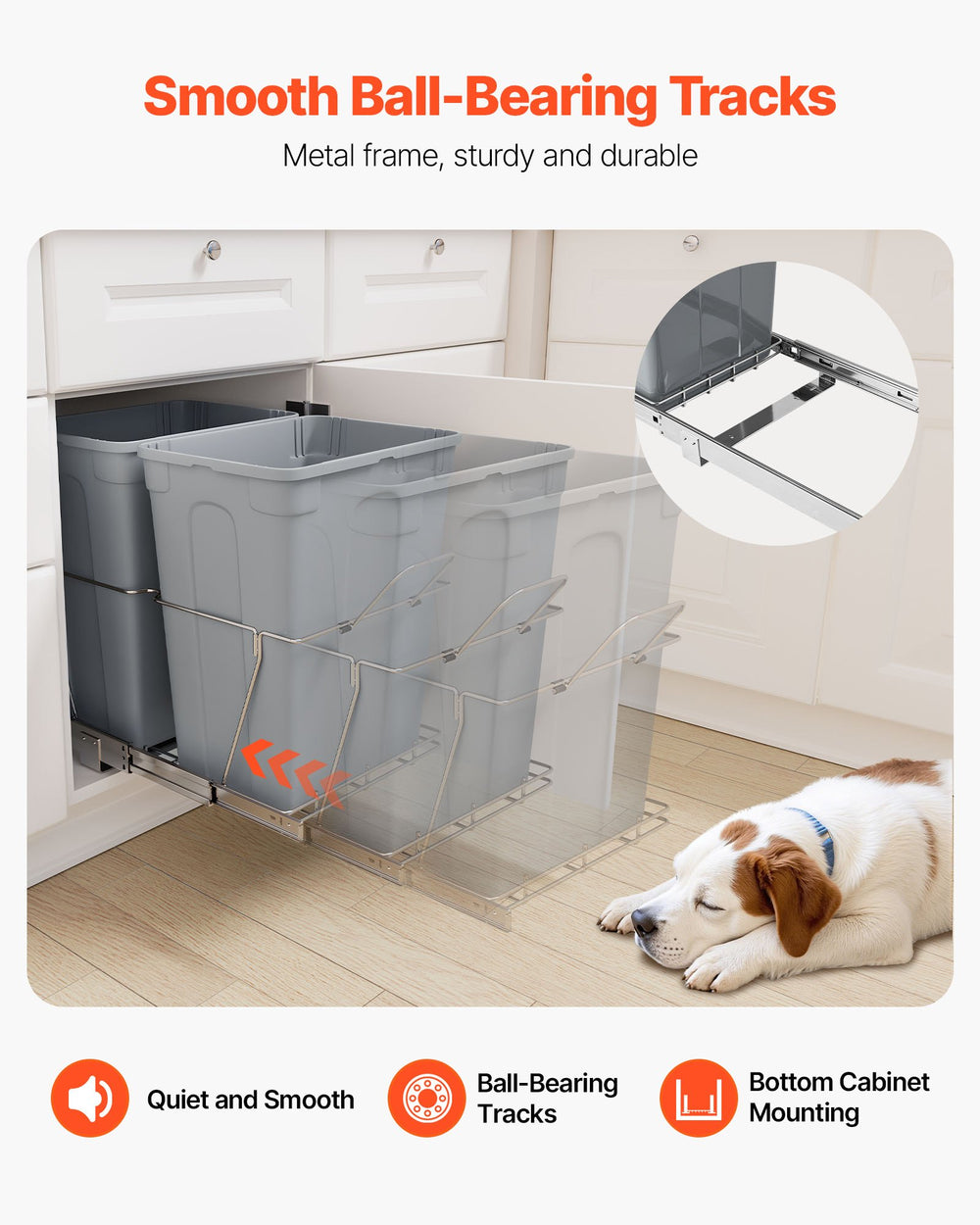 VEVOR Pullout Trash Can for Kitchen Cabinets, Double Under Sink Garbage Waste Recycling Bin, Under Mount Waste Container, with Heavy Duty Metal Full Extension Sliding System and Handle