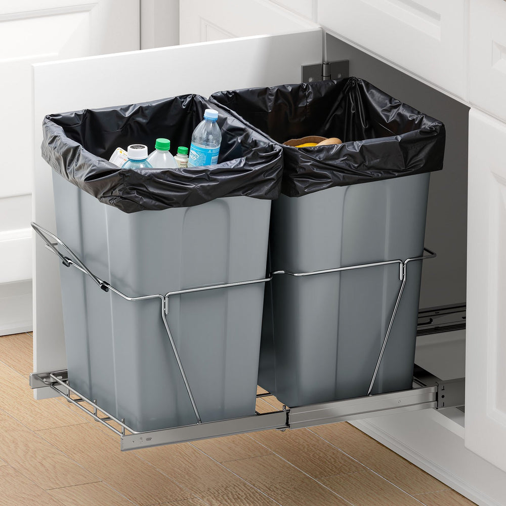 VEVOR Pullout Trash Can for Kitchen Cabinets, Double Under Sink Garbage Waste Recycling Bin, Under Mount Waste Container, with Heavy Duty Metal Full Extension Sliding System and Handle