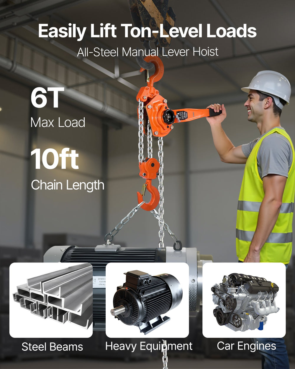 VEVOR Manual Lever Chain Hoist, 6T 6000KG Capacity Heavy Duty Come Along, 3M Lift G80 Alloy Steel Chain With Dual Pawl Mechanical Brake, 360° Rotating Hooks, for Warehouse Construction Garage
