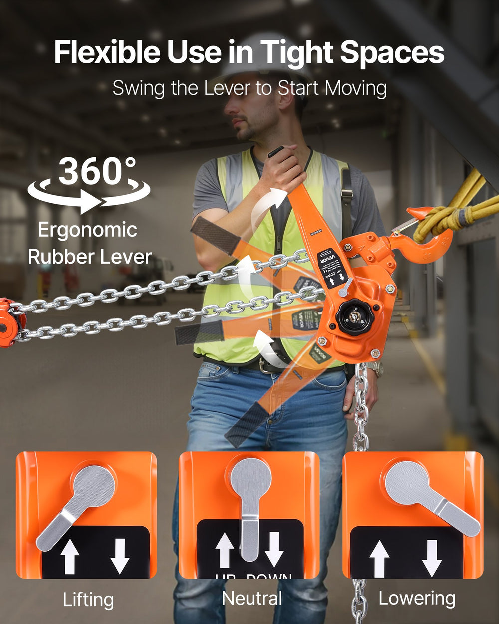 VEVOR Manual Lever Chain Hoist, 6T 6000KG Capacity Heavy Duty Come Along, 3M Lift G80 Alloy Steel Chain With Dual Pawl Mechanical Brake, 360° Rotating Hooks, for Warehouse Construction Garage