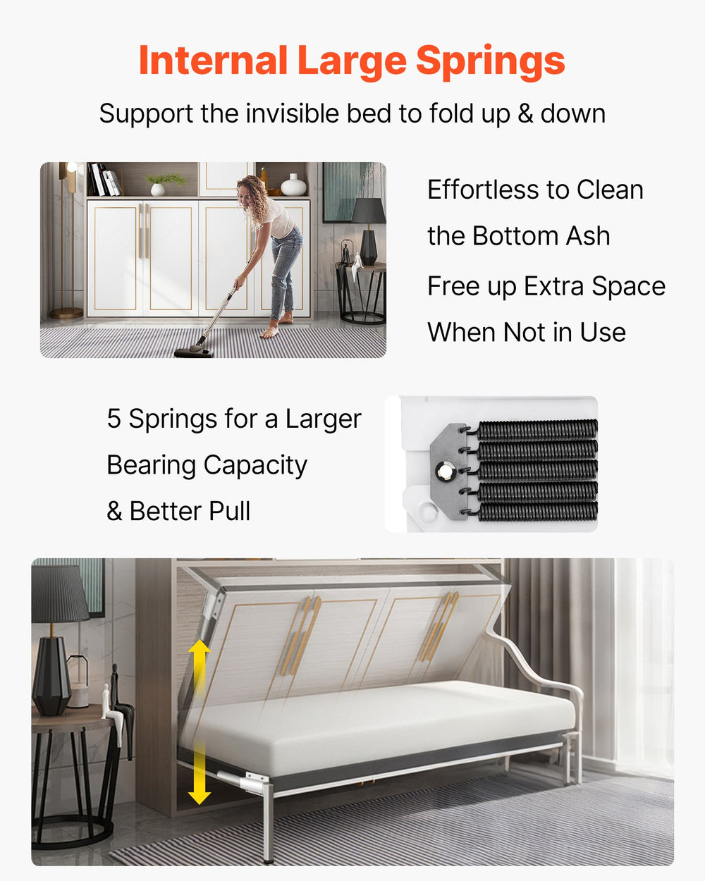 VEVOR Murphy Mounting Wall Springs Mechanism Heavy Duty Support Hardware DIY Kit for Queen Twin Size Bed (Horizontal), White