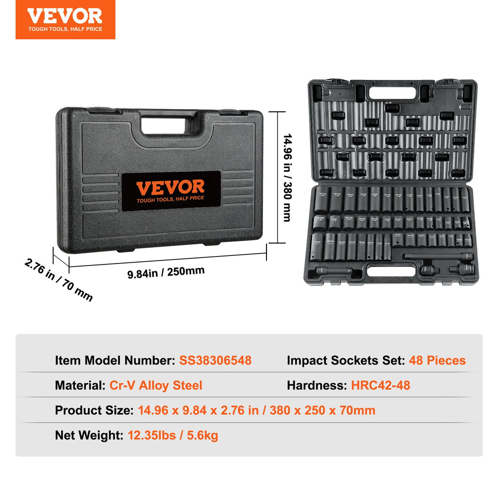 VEVOR 3/8" Drive Impact Socket Set, 48 Piece Socket Set SAE （5/16" -3/4"） & Metric （8-22mm）6 Point Cr-V Drive Extension Bar Universal Joint & Power Drill Adapter Includes Storage Case