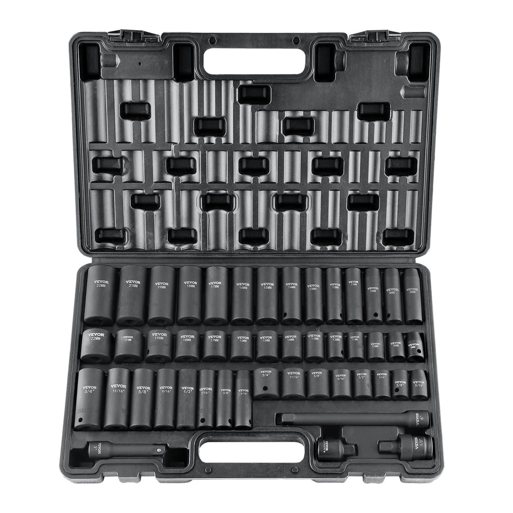 VEVOR 3/8" Drive Impact Socket Set, 48 Piece Socket Set SAE （5/16" -3/4"） & Metric （8-22mm）6 Point Cr-V Drive Extension Bar Universal Joint & Power Drill Adapter Includes Storage Case