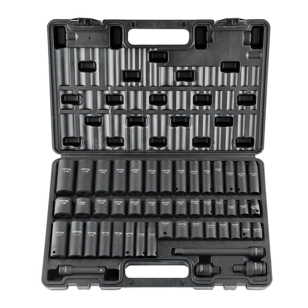 VEVOR 3/8" Drive Impact Socket Set, 48 Piece Socket Set SAE （5/16" -3/4"） & Metric （8-22mm）6 Point Cr-V Drive Extension Bar Universal Joint & Power Drill Adapter Includes Storage Case