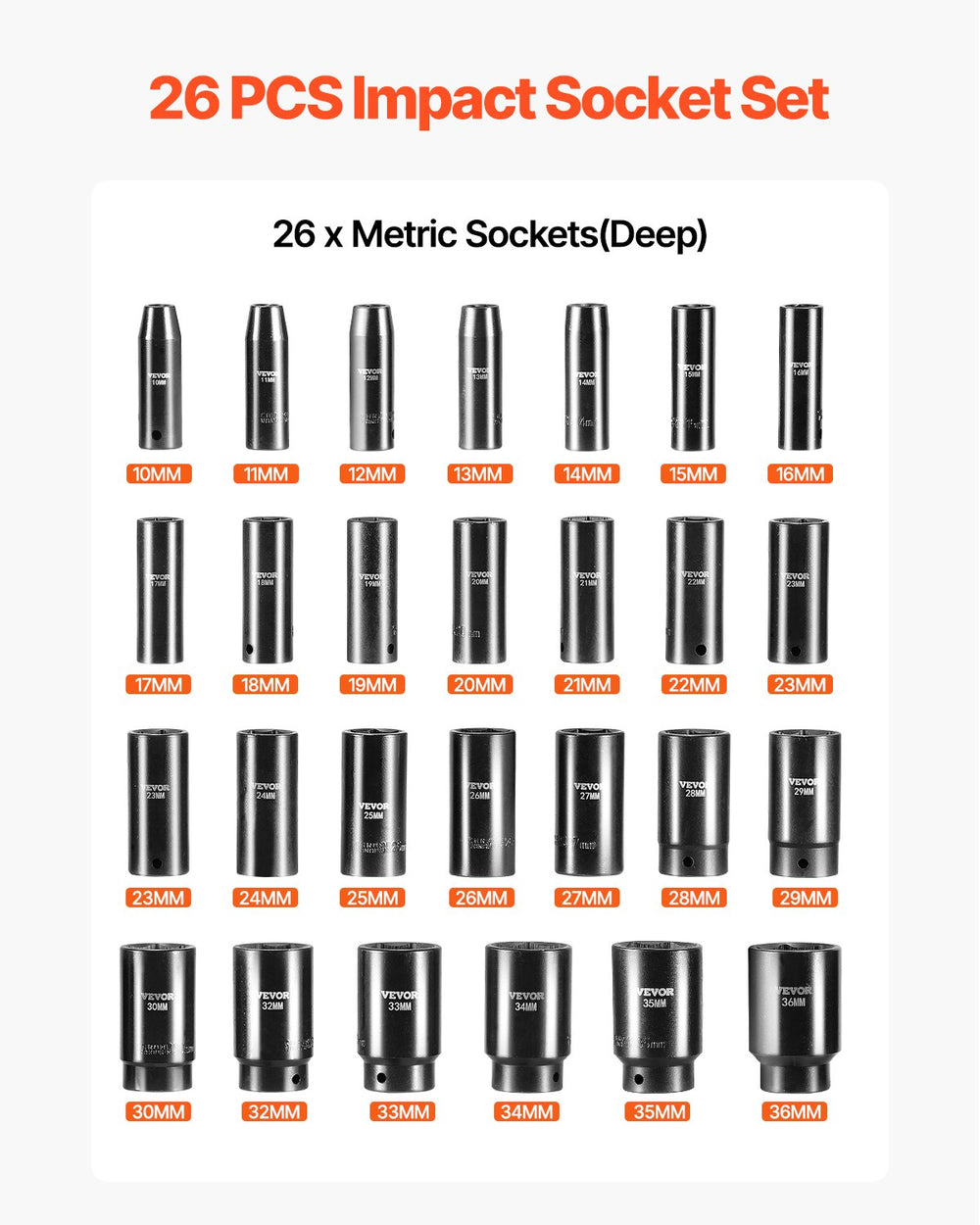 VEVOR Impact Socket Set, 1/2" 26 Piece Impact Sockets, Deep Socket, 6-Point Sockets, 1/2 Inches Drive Socket Set Impact Metric 10mm - 36mm, Cr-V Rugged Construction, with a Storage Cage