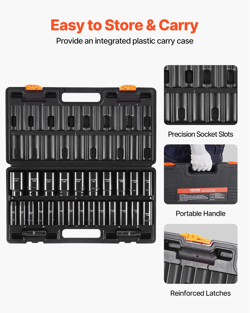 VEVOR Impact Socket Set, 1/2" 26 Piece Impact Sockets, Deep Socket, 6-Point Sockets, 1/2 Inches Drive Socket Set Impact Metric 10mm - 36mm, Cr-V Rugged Construction, with a Storage Cage