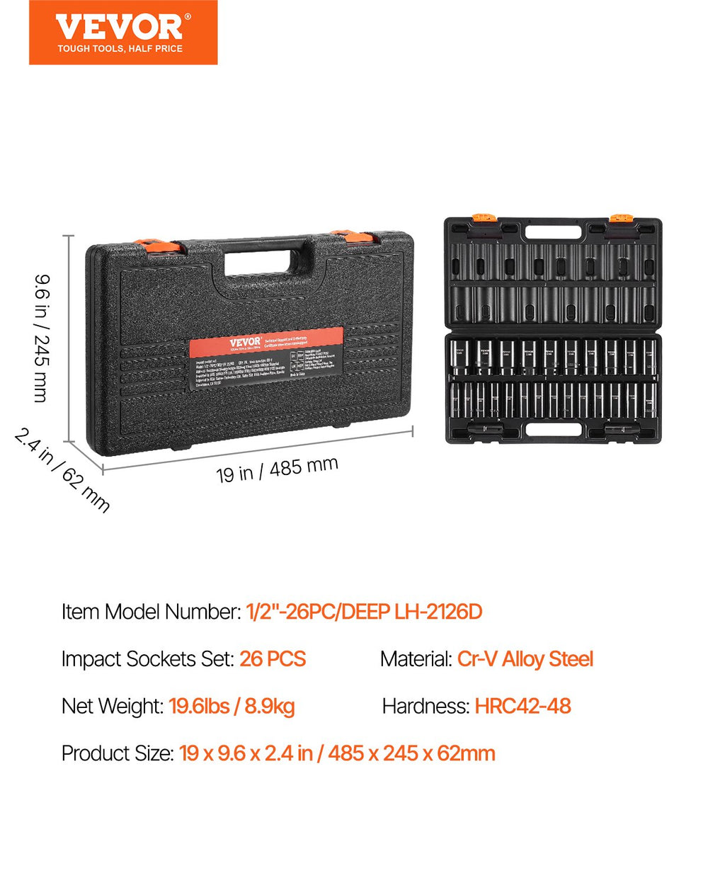 VEVOR Impact Socket Set, 1/2" 26 Piece Impact Sockets, Deep Socket, 6-Point Sockets, 1/2 Inches Drive Socket Set Impact Metric 10mm - 36mm, Cr-V Rugged Construction, with a Storage Cage