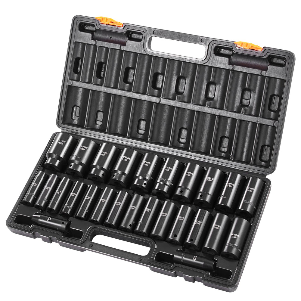 VEVOR Impact Socket Set, 1/2" 26 Piece Impact Sockets, Deep Socket, 6-Point Sockets, 1/2 Inches Drive Socket Set Impact Metric 10mm - 36mm, Cr-V Rugged Construction, with a Storage Cage
