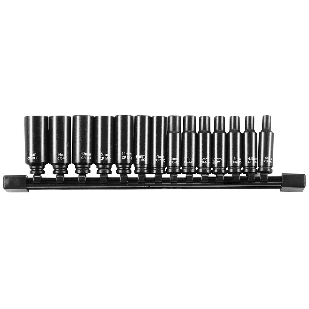VEVOR 1/4" Drive Impact Socket Set, 14 Piece Deep Socket Set Metric 4-15mm, 6 Point Cr-Mo Alloy Steel for Auto Repair, Easy-to-Read Size Markings, Rugged Construction, Socket Organizer