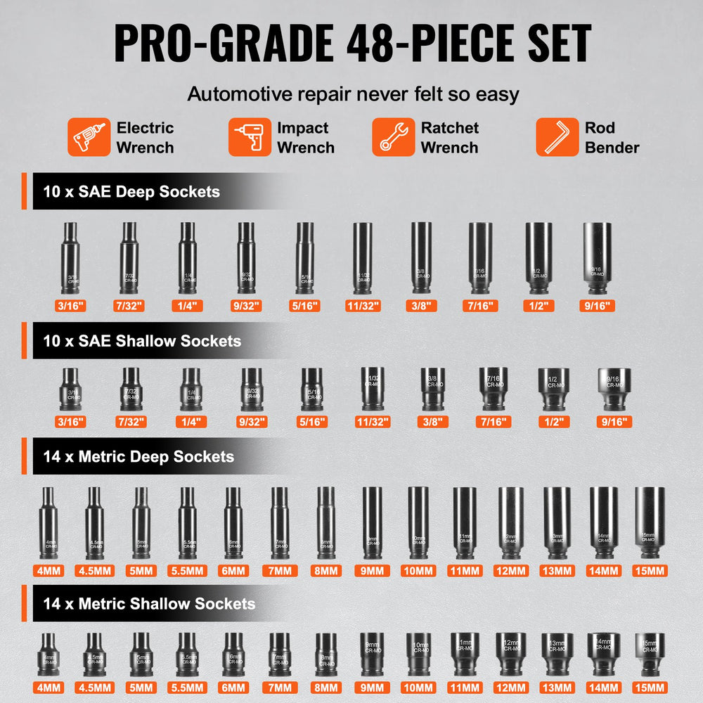 VEVOR 1/4" Drive Impact Socket Set, 48 Piece Deep & Shallow Socket Set SAE 3/16"-9/16" and Metric 4-15mm, 6 Point Cr-Mo Alloy Steel for Auto Repair, Easy-to-Read Size Markings, Storage Case