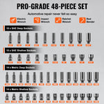 VEVOR 1/4" Drive Impact Socket Set, 48 Piece Deep & Shallow Socket Set SAE 3/16"-9/16" and Metric 4-15mm, 6 Point Cr-Mo Alloy Steel for Auto Repair, Easy-to-Read Size Markings, Storage Case