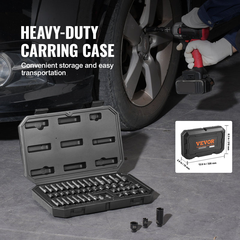 VEVOR 1/4" Drive Impact Socket Set, 48 Piece Deep & Shallow Socket Set SAE 3/16"-9/16" and Metric 4-15mm, 6 Point Cr-Mo Alloy Steel for Auto Repair, Easy-to-Read Size Markings, Storage Case