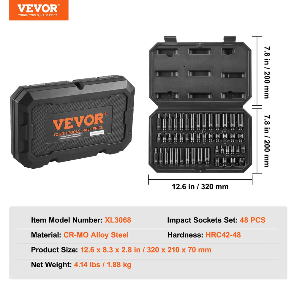 VEVOR 1/4" Drive Impact Socket Set, 48 Piece Deep & Shallow Socket Set SAE 3/16"-9/16" and Metric 4-15mm, 6 Point Cr-Mo Alloy Steel for Auto Repair, Easy-to-Read Size Markings, Storage Case