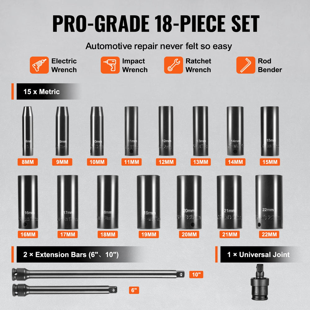 VEVOR 3/8" Drive Impact Socket Set, 18 Piece Deep Socket Set Metric 8-22mm, 6 Point CR-V Alloy Steel for Auto Repair, Easy-to-Read Size Markings, Rugged Construction, Includes Storage Case