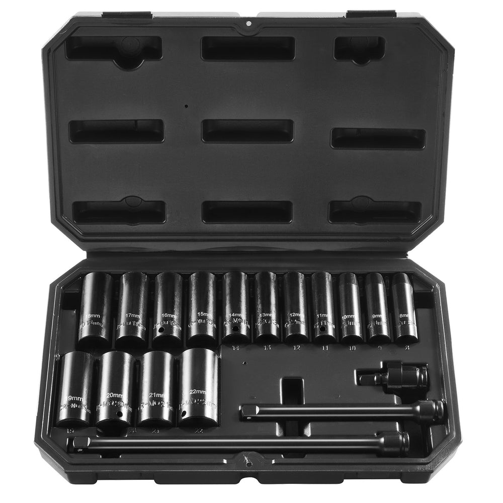 VEVOR 3/8" Drive Impact Socket Set, 18 Piece Deep Socket Set Metric 8-22mm, 6 Point CR-V Alloy Steel for Auto Repair, Easy-to-Read Size Markings, Rugged Construction, Includes Storage Case