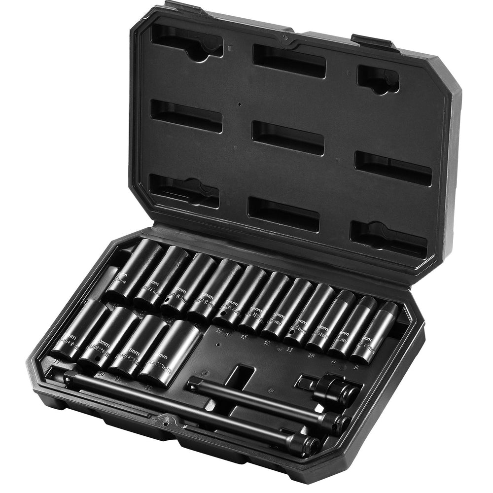 VEVOR 3/8" Drive Impact Socket Set, 18 Piece Deep Socket Set Metric 8-22mm, 6 Point CR-V Alloy Steel for Auto Repair, Easy-to-Read Size Markings, Rugged Construction, Includes Storage Case