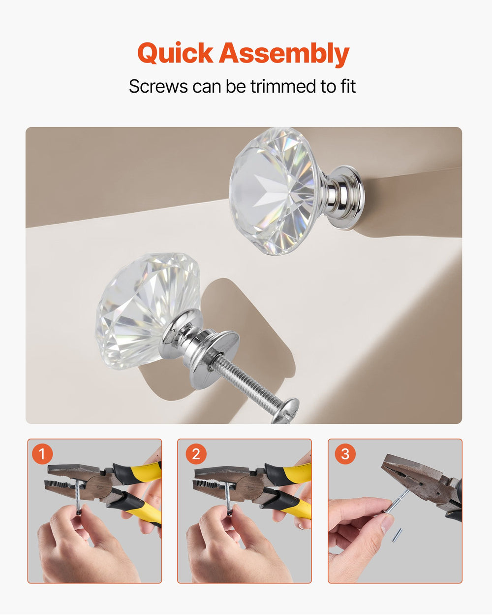 VEVOR Cabinet Knobs, 12 Pack, 31 mm Acrylic & Zinc Alloy Drawer Pulls Door Handles, Diamond Kitchen Solid Knobs Dresser Handles, Cupboard Hardware with Screws for Bathroom Closet Cabinets Drawers