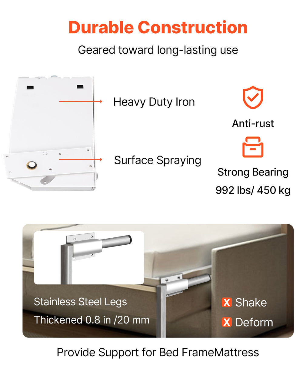 VEVOR Murphy Mounting Wall Springs Mechanism Heavy Duty Support Hardware DIY Kit for King Queen Bed (Vertical), White