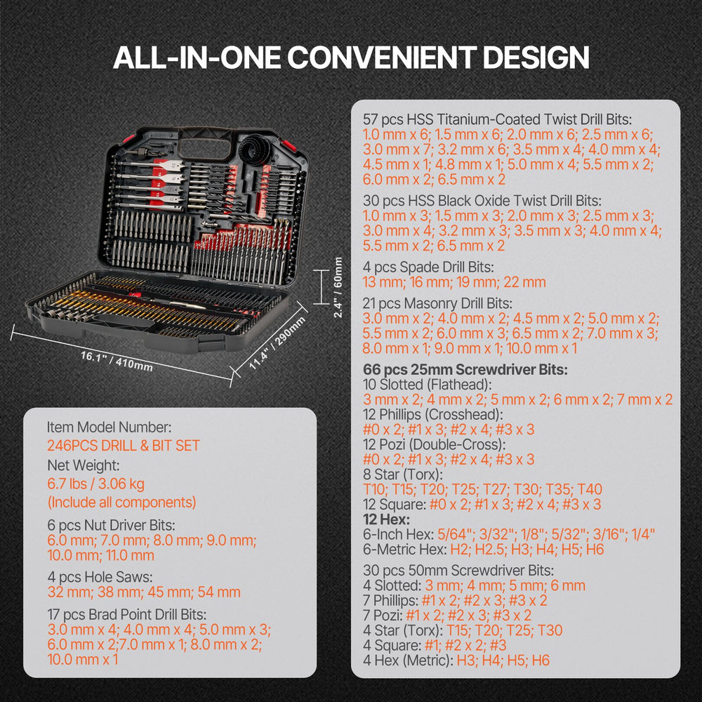 VEVOR Drill Bit Set, 246 Pieces Drill and Driver Bit Set, Screwdriver Bit Set Suitable for Wood Metal Cement Drilling and Screw Driving, Drill Bit Sets Combo Kit Assorted in Organized Carrying Case