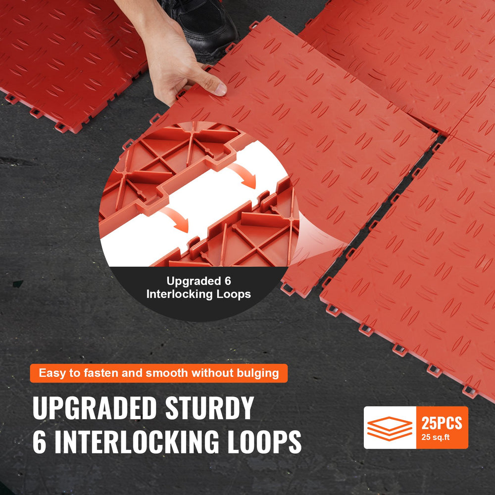 VEVOR Garage Tiles Interlocking, 12 x 12 x 0.53 inch 25 Pack Garage Floor Covering Tiles, Non-Slip Double-Sided Texture Garage Flooring Tiles, for Garages, Basements, Repair Shops, Red