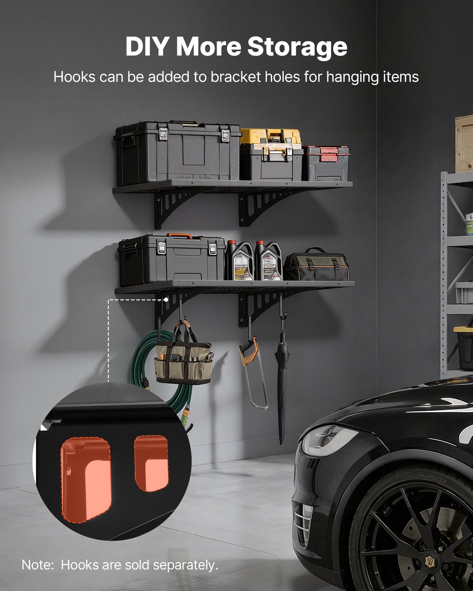 VEVOR 2-Tier Heavy Duty Wall Garage Shelving, 610 x 914 mm Steel Wall Mounted Shelving Unit, 610 x 914 mm Per Shelf Floating Storage Metal Rack for Garage with 254 kg Total Weight Capacity, Black