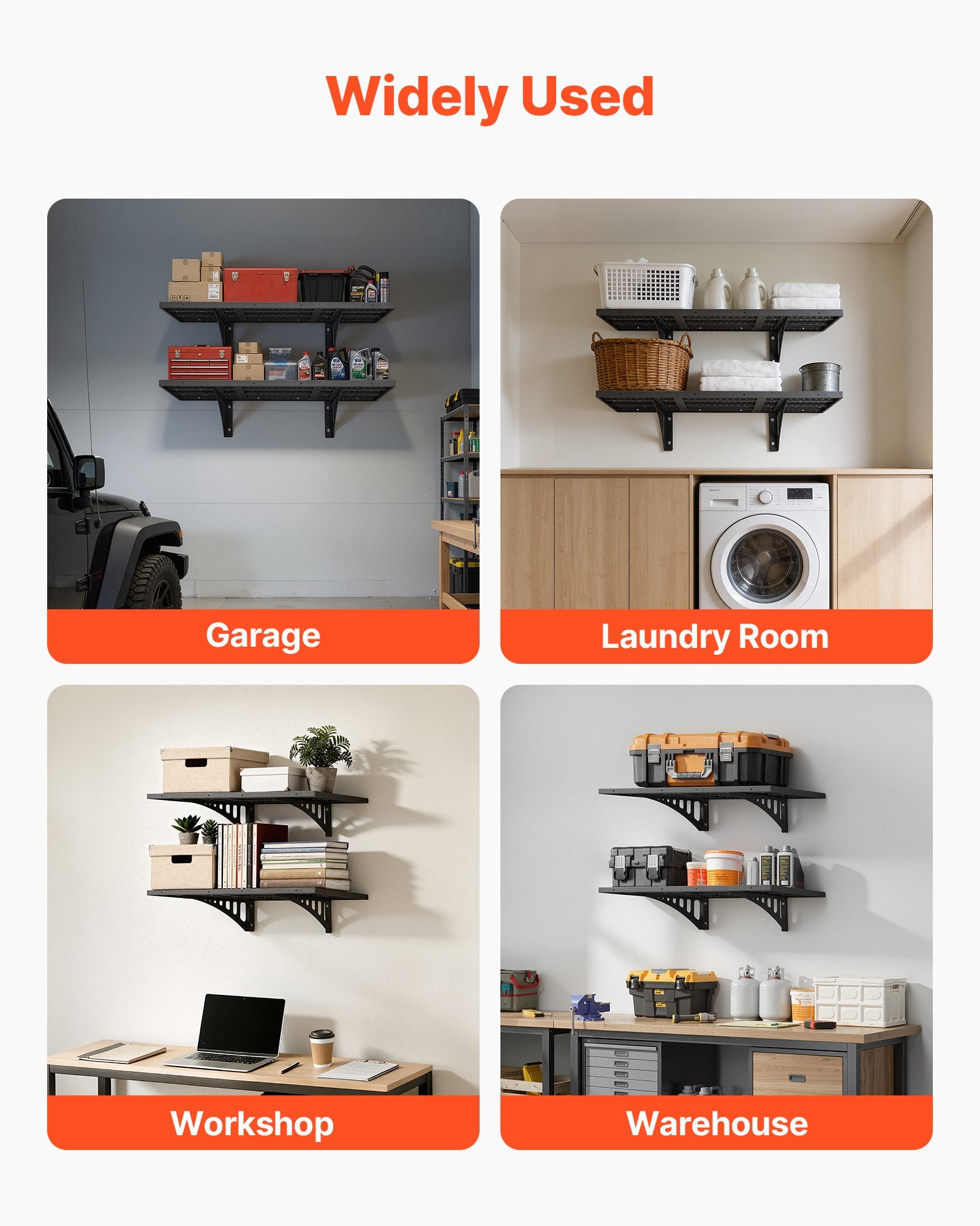 VEVOR 2-Tier Heavy Duty Wall Garage Shelving, 610 x 914 mm Steel Wall Mounted Shelving Unit, 610 x 914 mm Per Shelf Floating Storage Metal Rack for Garage with 254 kg Total Weight Capacity, Black