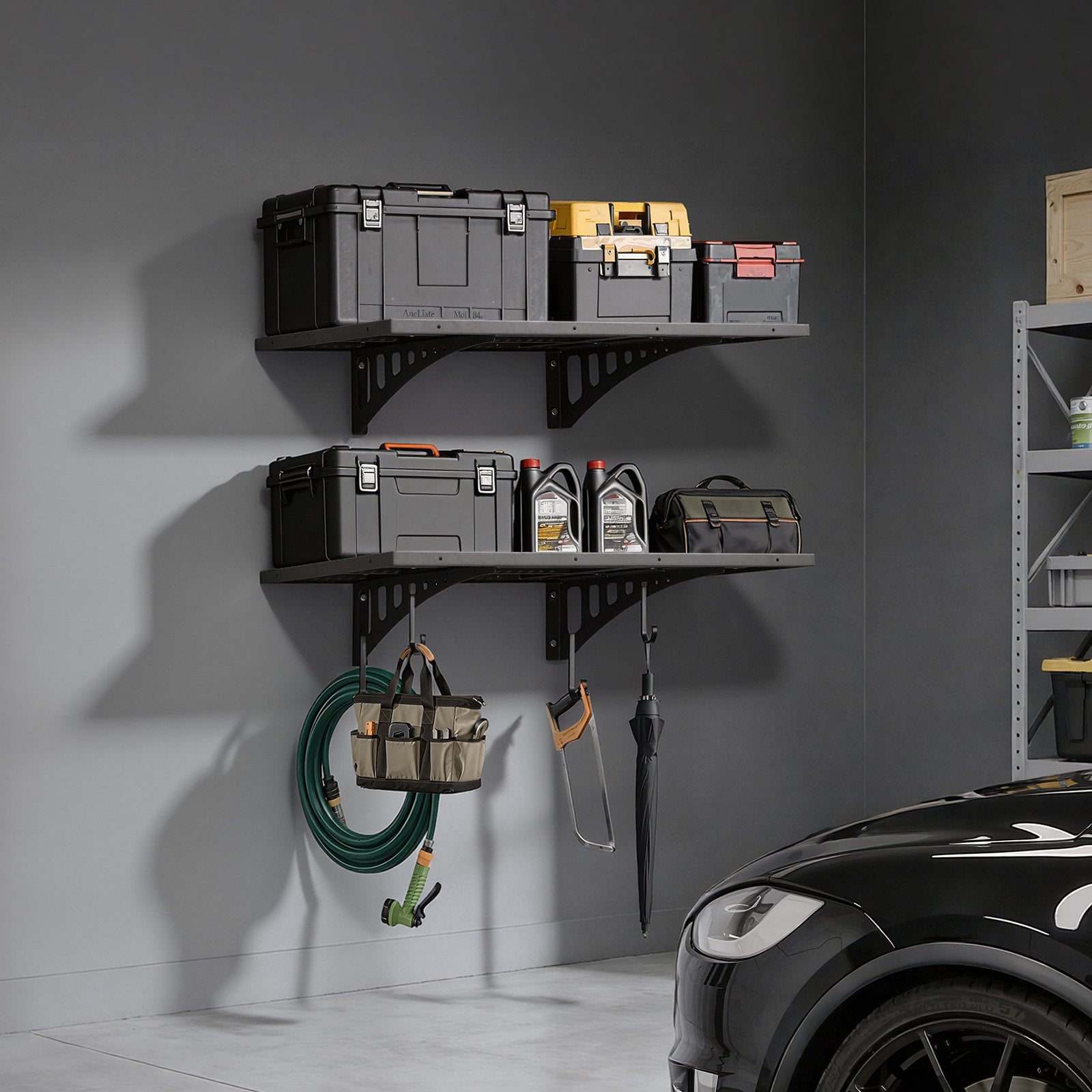 VEVOR 2-Tier Heavy Duty Wall Garage Shelving, 610 x 914 mm Steel Wall Mounted Shelving Unit, 610 x 914 mm Per Shelf Floating Storage Metal Rack for Garage with 254 kg Total Weight Capacity, Black