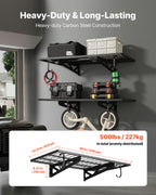 VEVOR 2-Tier Heavy Duty Wall Garage Shelving, 610 x 1219 mm Steel Wall Mounted Shelving Unit with Hooks, 610 x 1219 mm Per Shelf Floating Storage Metal Rack for Garage, 227 kg Total Weight Capacity