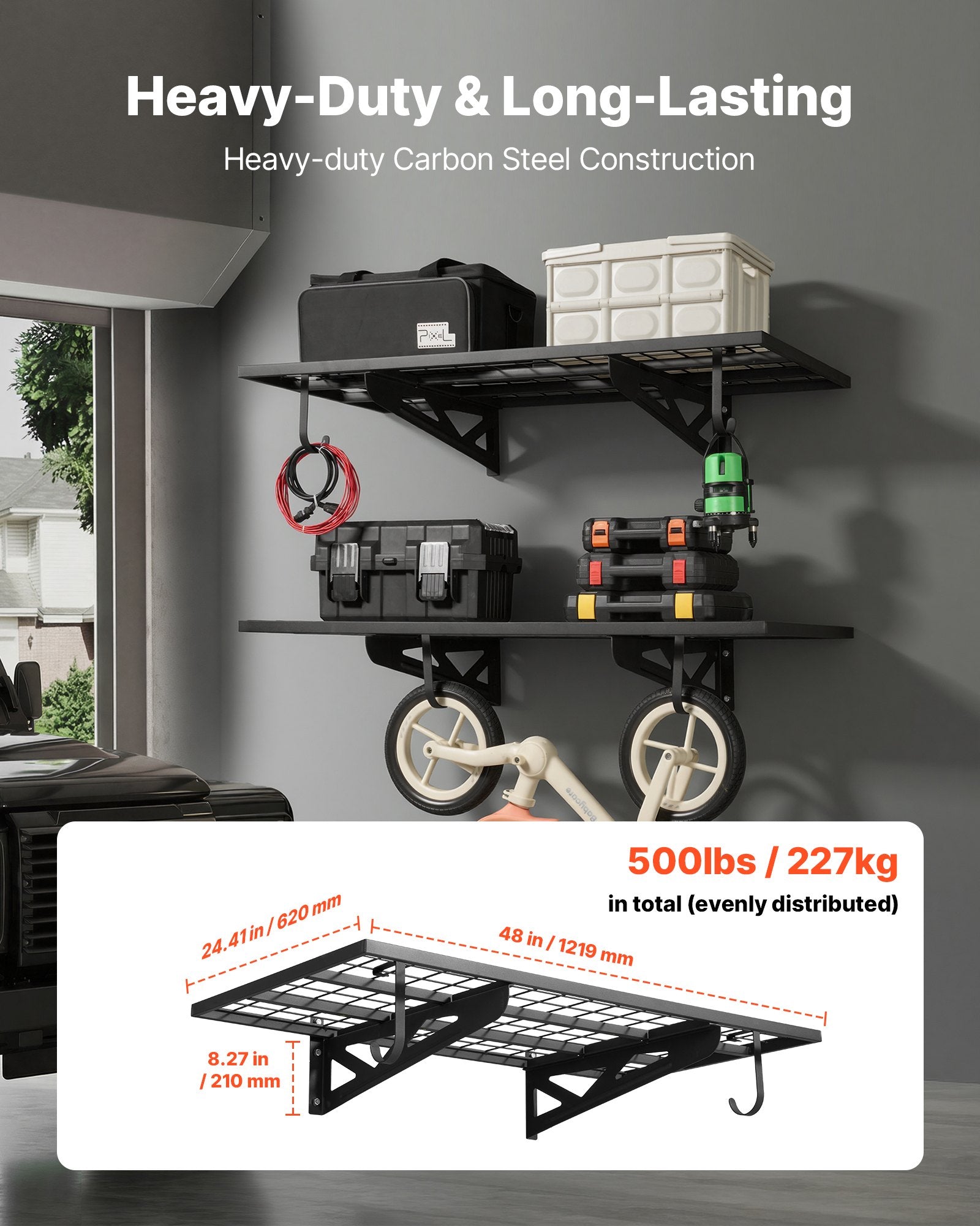 VEVOR 2-Tier Heavy Duty Wall Garage Shelving, 610 x 1219 mm Steel Wall Mounted Shelving Unit with Hooks, 610 x 1219 mm Per Shelf Floating Storage Metal Rack for Garage, 227 kg Total Weight Capacity