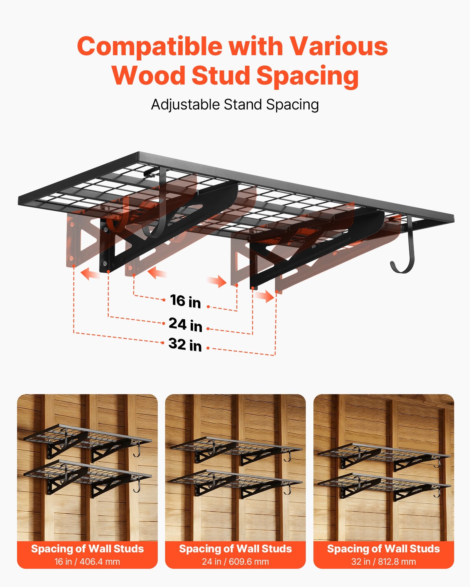VEVOR 2-Tier Heavy Duty Wall Garage Shelving, 610 x 1219 mm Steel Wall Mounted Shelving Unit with Hooks, 610 x 1219 mm Per Shelf Floating Storage Metal Rack for Garage, 227 kg Total Weight Capacity