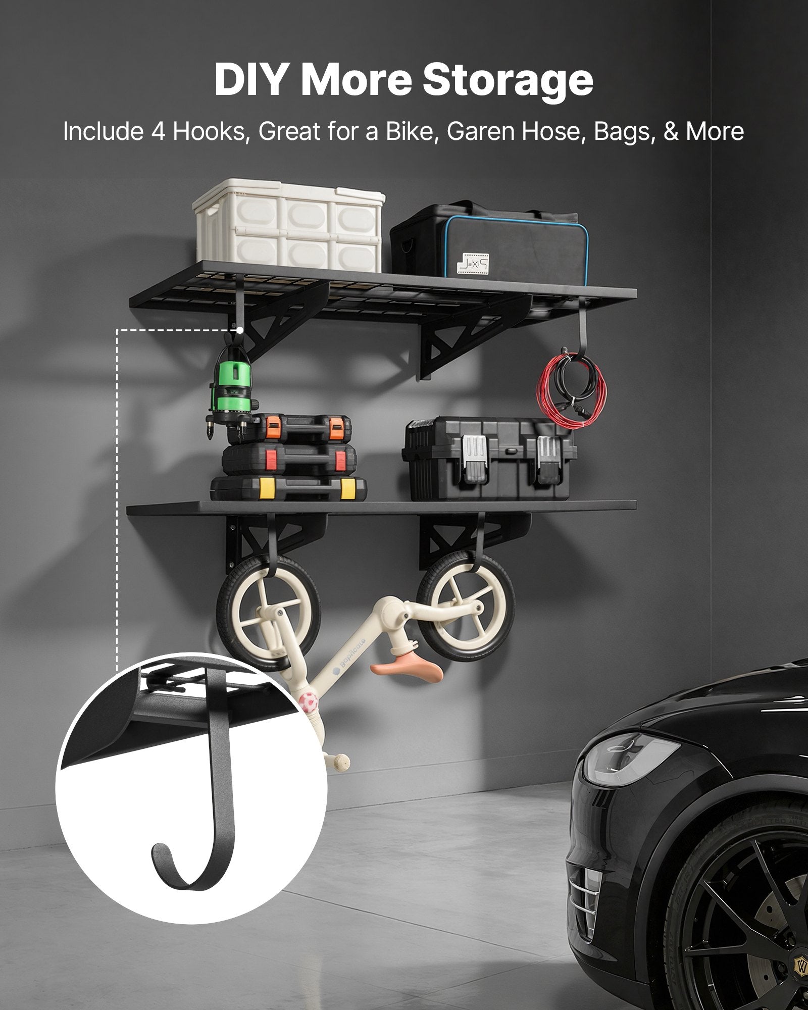 VEVOR 2-Tier Heavy Duty Wall Garage Shelving, 610 x 1219 mm Steel Wall Mounted Shelving Unit with Hooks, 610 x 1219 mm Per Shelf Floating Storage Metal Rack for Garage, 227 kg Total Weight Capacity