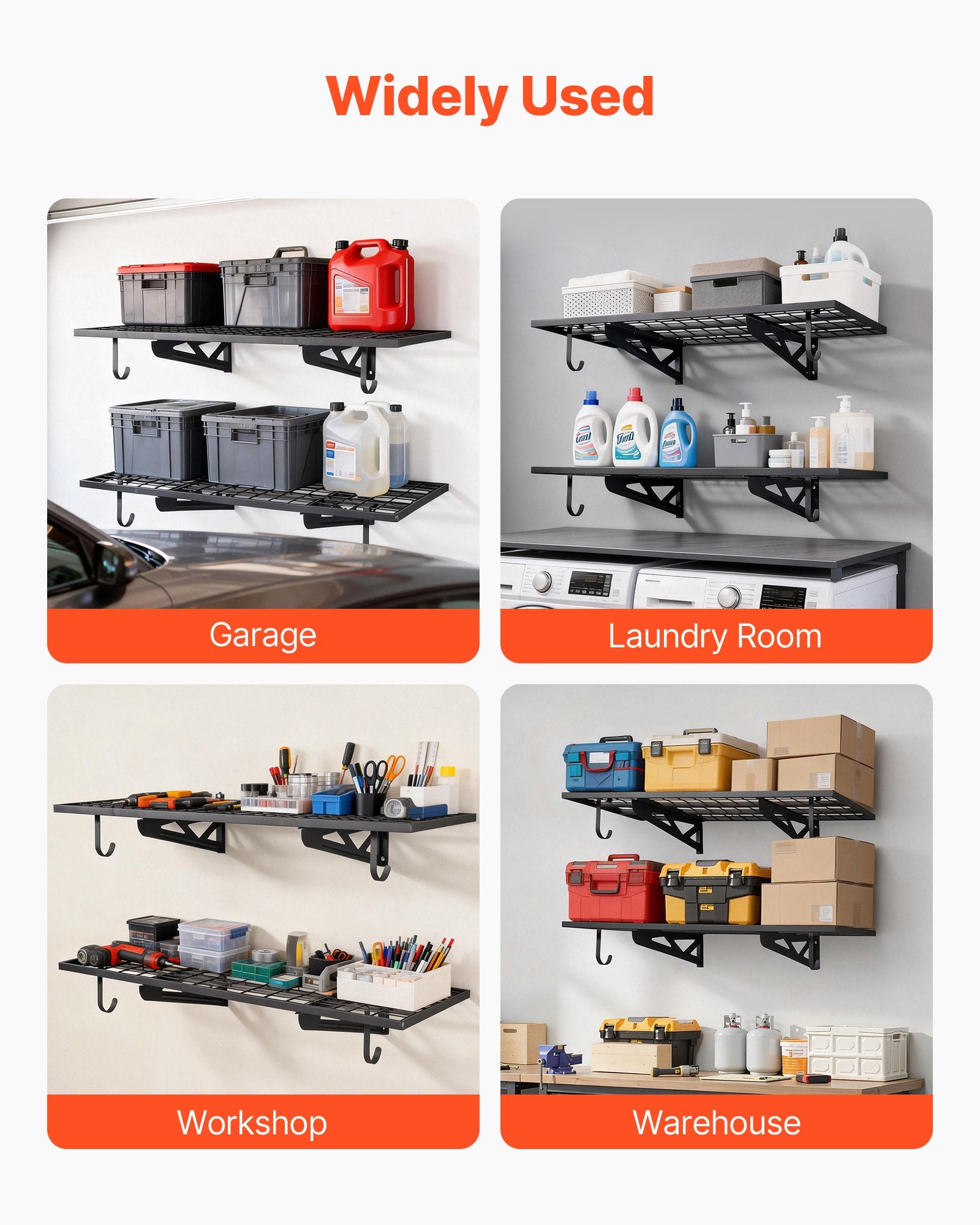 VEVOR 2-Tier Heavy Duty Wall Garage Shelving, 610 x 1219 mm Steel Wall Mounted Shelving Unit with Hooks, 610 x 1219 mm Per Shelf Floating Storage Metal Rack for Garage, 227 kg Total Weight Capacity