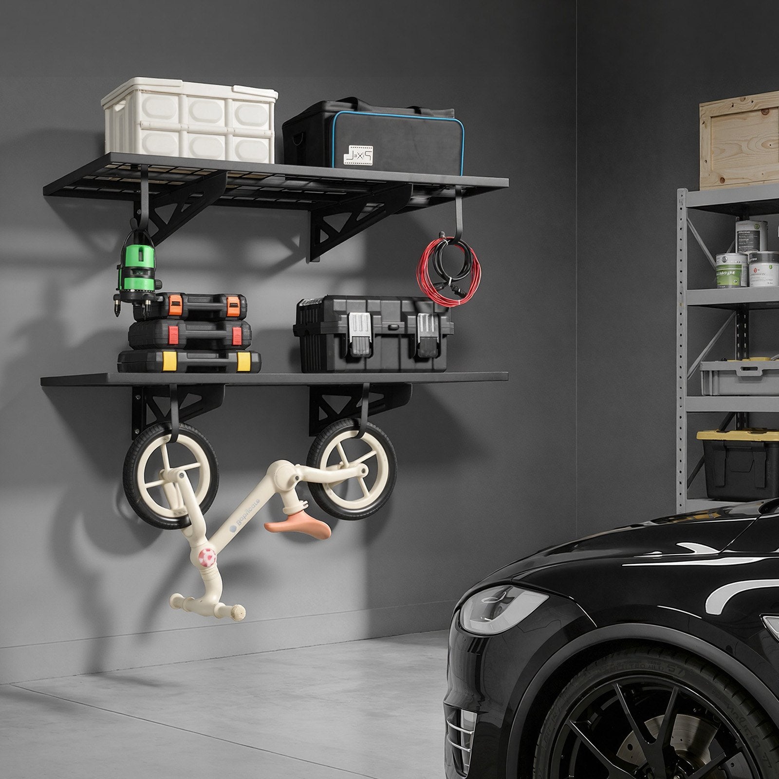 VEVOR 2-Tier Heavy Duty Wall Garage Shelving, 610 x 1219 mm Steel Wall Mounted Shelving Unit with Hooks, 610 x 1219 mm Per Shelf Floating Storage Metal Rack for Garage, 227 kg Total Weight Capacity