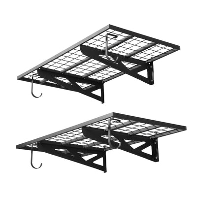 VEVOR 2-Tier Heavy Duty Wall Garage Shelving, 610 x 1219 mm Steel Wall Mounted Shelving Unit with Hooks, 610 x 1219 mm Per Shelf Floating Storage Metal Rack for Garage, 227 kg Total Weight Capacity