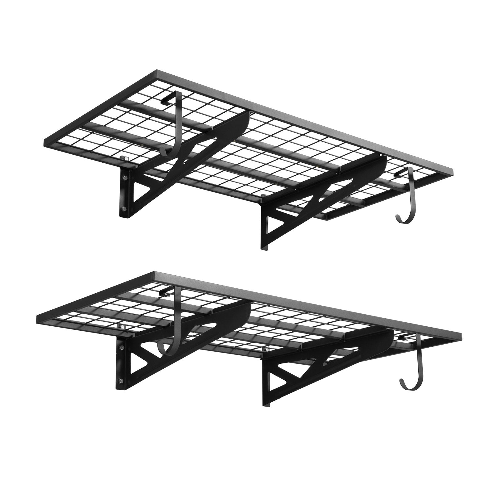 VEVOR 2-Tier Heavy Duty Wall Garage Shelving, 610 x 1219 mm Steel Wall Mounted Shelving Unit with Hooks, 610 x 1219 mm Per Shelf Floating Storage Metal Rack for Garage, 227 kg Total Weight Capacity